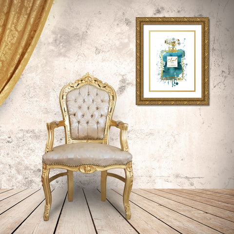 Perfume Bottle Deep Teal Gold Ornate Wood Framed Art Print with Double Matting by Greenwood, Amanda