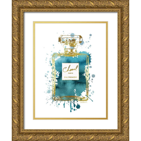 Perfume Bottle Deep Teal Gold Ornate Wood Framed Art Print with Double Matting by Greenwood, Amanda