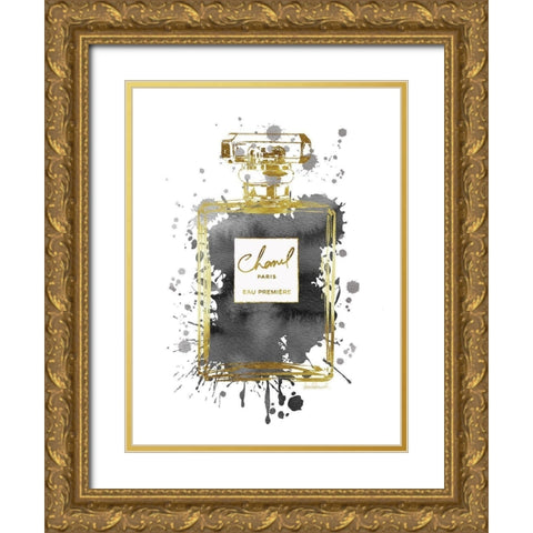 Perfume Bottle Grey Gold Ornate Wood Framed Art Print with Double Matting by Greenwood, Amanda