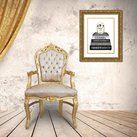 Book Stack Grey Poppy Gold Ornate Wood Framed Art Print with Double Matting by Greenwood, Amanda