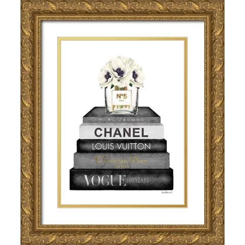 Book Stack Grey Poppy Gold Ornate Wood Framed Art Print with Double Matting by Greenwood, Amanda