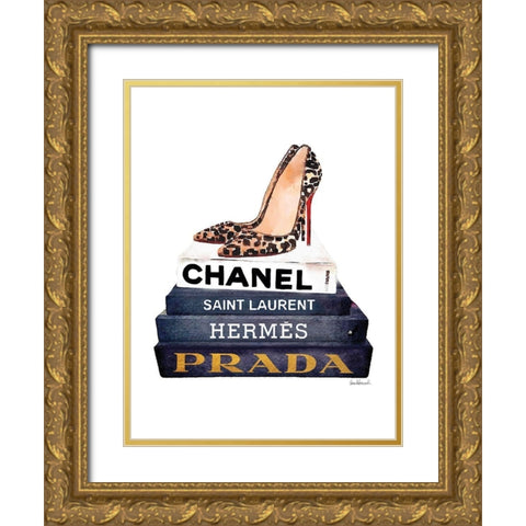 Book Stack Leopard Shoes Gold Ornate Wood Framed Art Print with Double Matting by Greenwood, Amanda