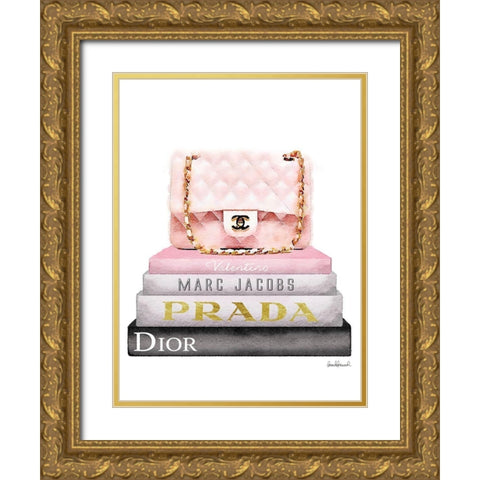 Book Stack Pink Bag Gold Ornate Wood Framed Art Print with Double Matting by Greenwood, Amanda