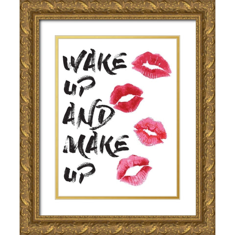 Wakeup Makeup Lipstick Kisses Gold Ornate Wood Framed Art Print with Double Matting by Greenwood, Amanda