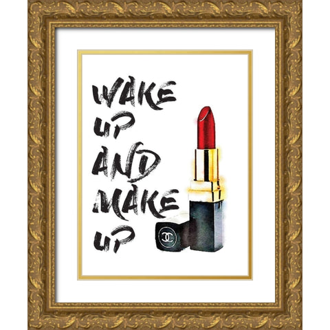 Wakeup Makeup Lipstick Red Gold Ornate Wood Framed Art Print with Double Matting by Greenwood, Amanda