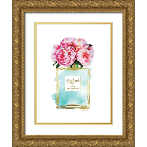 Parfume Teal with Peony Gold Ornate Wood Framed Art Print with Double Matting by Greenwood, Amanda