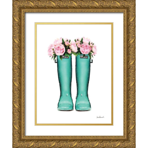 Teal Rain Boots with Peony Gold Ornate Wood Framed Art Print with Double Matting by Greenwood, Amanda