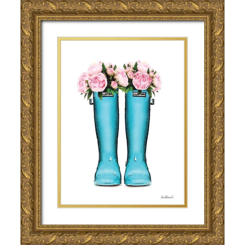 Blue Rain Boots with Peony Gold Ornate Wood Framed Art Print with Double Matting by Greenwood, Amanda