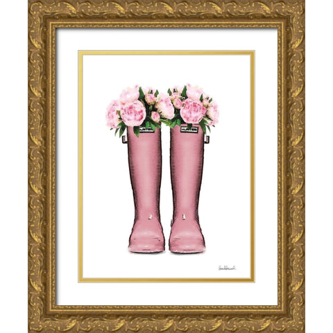 Pink Rain Boots with Peony Gold Ornate Wood Framed Art Print with Double Matting by Greenwood, Amanda