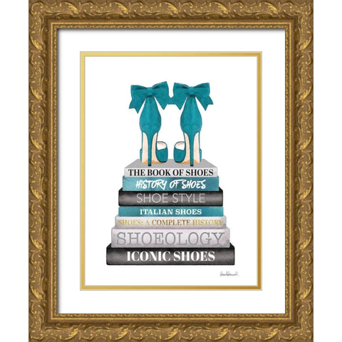 Teal Bookstack Shoe Gold Ornate Wood Framed Art Print with Double Matting by Greenwood, Amanda