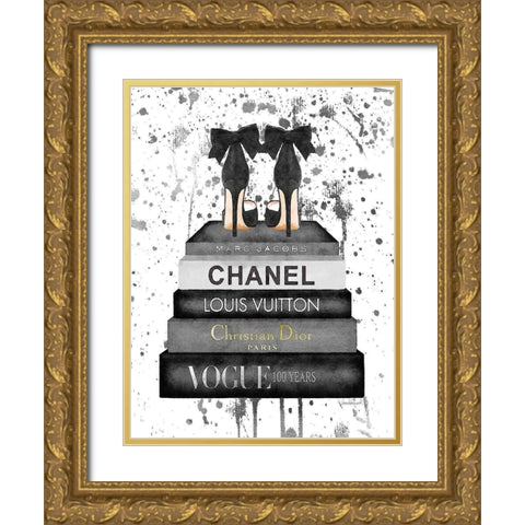 Grey Ink Book Stack Shoe Gold Ornate Wood Framed Art Print with Double Matting by Greenwood, Amanda
