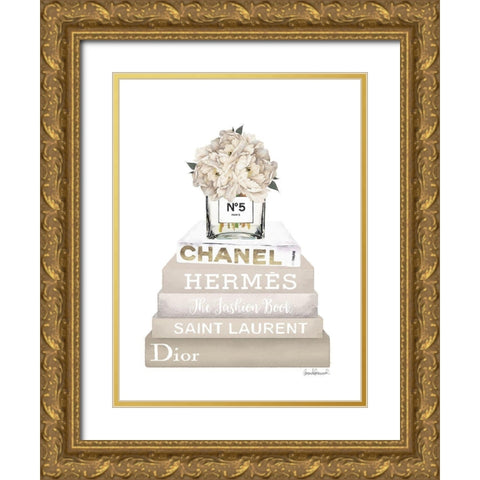 Cream Peony Book Stack Gold Ornate Wood Framed Art Print with Double Matting by Greenwood, Amanda