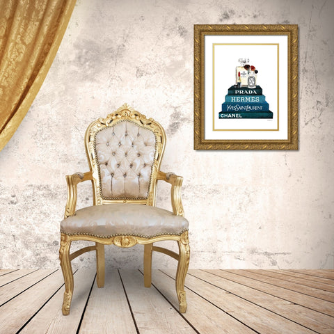 Teal Book Stack Makeup Gold Ornate Wood Framed Art Print with Double Matting by Greenwood, Amanda