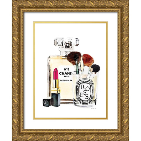 Dark Pink Makeup Station Gold Ornate Wood Framed Art Print with Double Matting by Greenwood, Amanda