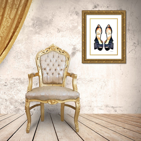 Black Front Bow Shoes Gold Ornate Wood Framed Art Print with Double Matting by Greenwood, Amanda