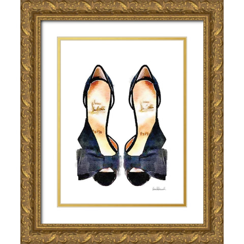 Black Front Bow Shoes Gold Ornate Wood Framed Art Print with Double Matting by Greenwood, Amanda