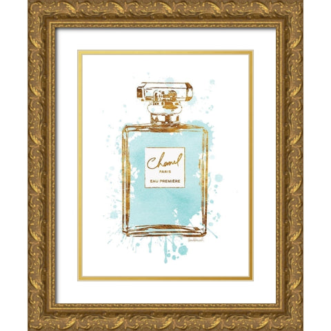 Perfume Bottle Aqua Gold Ornate Wood Framed Art Print with Double Matting by Greenwood, Amanda