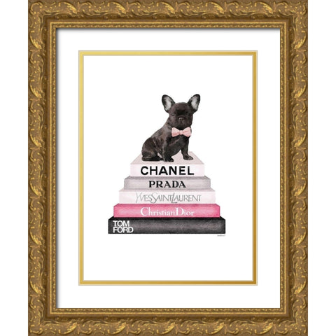 Pink Frenchie Bookstack Gold Ornate Wood Framed Art Print with Double Matting by Greenwood, Amanda