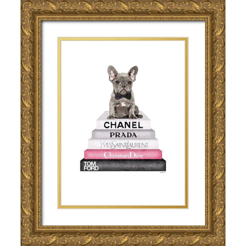 Grey Frenchie Bookstack Gold Ornate Wood Framed Art Print with Double Matting by Greenwood, Amanda