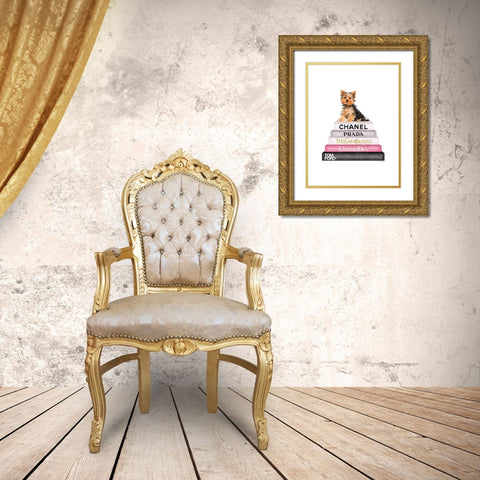 Yorkie Bookstack Gold Ornate Wood Framed Art Print with Double Matting by Greenwood, Amanda