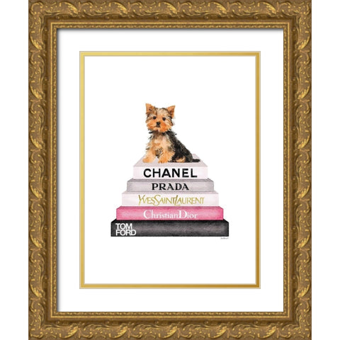 Yorkie Bookstack Gold Ornate Wood Framed Art Print with Double Matting by Greenwood, Amanda
