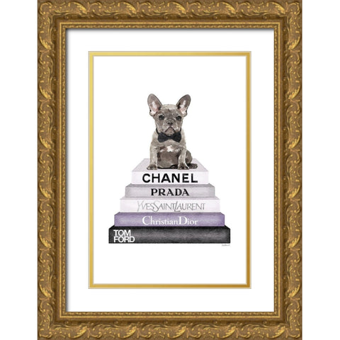 Purple Frenchie Bookstack Gold Ornate Wood Framed Art Print with Double Matting by Greenwood, Amanda