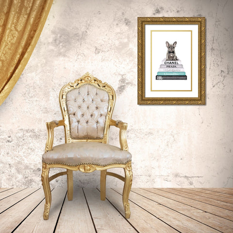 Teal Frenchie Bookstack Gold Ornate Wood Framed Art Print with Double Matting by Greenwood, Amanda