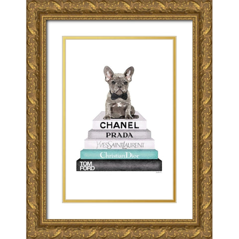 Teal Frenchie Bookstack Gold Ornate Wood Framed Art Print with Double Matting by Greenwood, Amanda