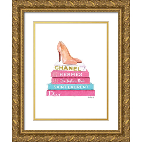 Pink Bookstack with shoes Gold Ornate Wood Framed Art Print with Double Matting by Greenwood, Amanda