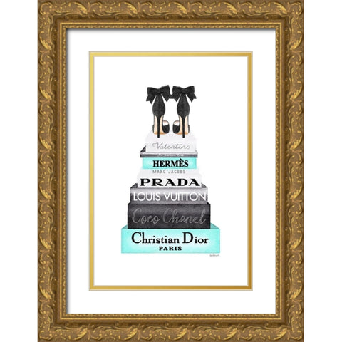 Teal Tall Bookstack Gold Ornate Wood Framed Art Print with Double Matting by Greenwood, Amanda