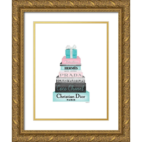 Teal Present Bookstack Gold Ornate Wood Framed Art Print with Double Matting by Greenwood, Amanda