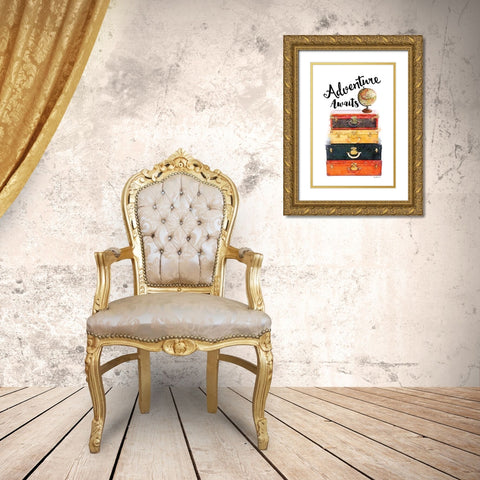 Adventure Awaits Luggage Gold Ornate Wood Framed Art Print with Double Matting by Greenwood, Amanda