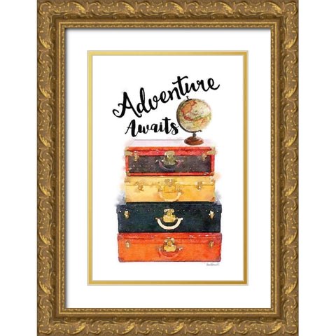 Adventure Awaits Luggage Gold Ornate Wood Framed Art Print with Double Matting by Greenwood, Amanda