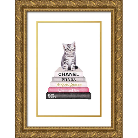 Kitten Bookstack Gold Ornate Wood Framed Art Print with Double Matting by Greenwood, Amanda