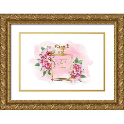 Gold Bottle with Peonies Pink Gold Ornate Wood Framed Art Print with Double Matting by Greenwood, Amanda