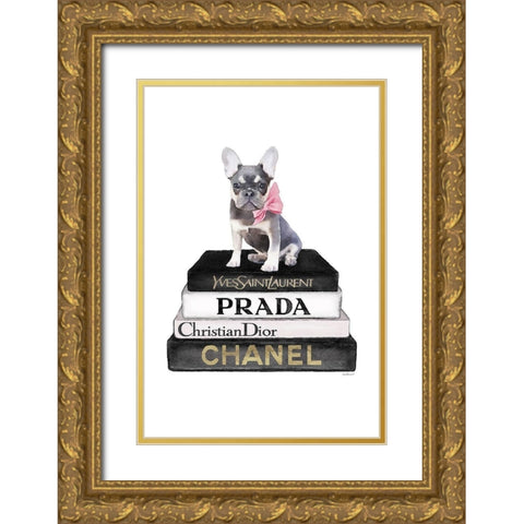 Black Frenchie Bookstack Gold Ornate Wood Framed Art Print with Double Matting by Amanda Greenwood