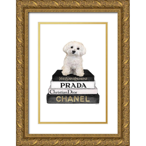 Bichon Frise Bookstack Gold Ornate Wood Framed Art Print with Double Matting by Amanda Greenwood