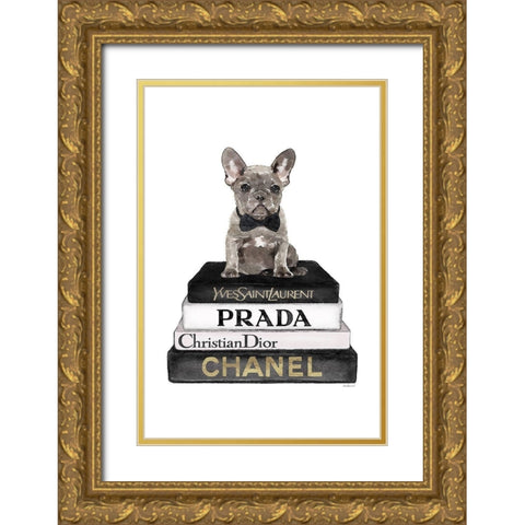 Black Frenchie Bookstack II Gold Ornate Wood Framed Art Print with Double Matting by Amanda Greenwood