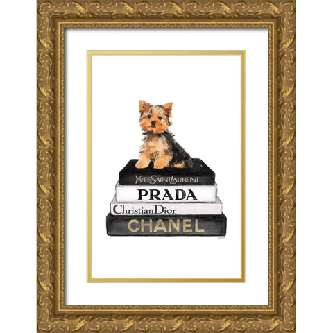 Bookstack Yorkie II Gold Ornate Wood Framed Art Print with Double Matting by Amanda Greenwood