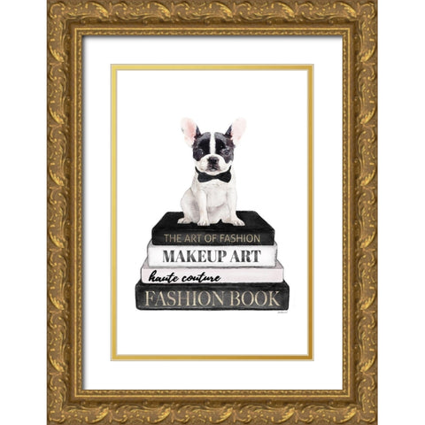 BandW Frenchie Bookstack Gold Ornate Wood Framed Art Print with Double Matting by Amanda Greenwood