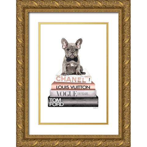 Rose Gold Frenchie Bookstack Gold Ornate Wood Framed Art Print with Double Matting by Amanda Greenwood