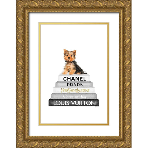 Yorkie Bookstack IIII Gold Ornate Wood Framed Art Print with Double Matting by Amanda Greenwood