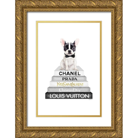 Frenchie Bookstack V Gold Ornate Wood Framed Art Print with Double Matting by Amanda Greenwood