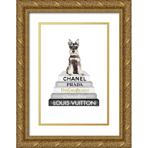 Schnauzer Bookstack  Gold Ornate Wood Framed Art Print with Double Matting by Amanda Greenwood