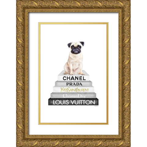 Pug Bookstack Gold Ornate Wood Framed Art Print with Double Matting by Amanda Greenwood