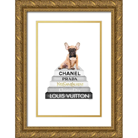 Fawn Frenchie Bookstack Gold Ornate Wood Framed Art Print with Double Matting by Amanda Greenwood