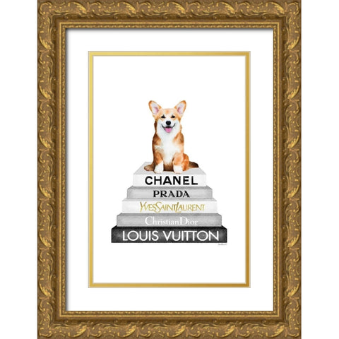 Corgi Bookstack Gold Ornate Wood Framed Art Print with Double Matting by Amanda Greenwood