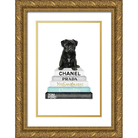 Bookstack Teal Pug Gold Ornate Wood Framed Art Print with Double Matting by Amanda Greenwood