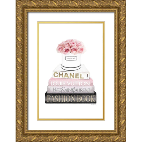 Bookstack Pink Roses Gold Ornate Wood Framed Art Print with Double Matting by Amanda Greenwood