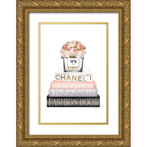 Bookstack Peach Rose Vase I Gold Ornate Wood Framed Art Print with Double Matting by Amanda Greenwood